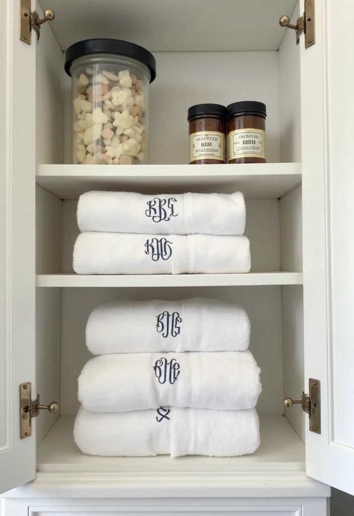 28 Bathroom Cabinet Decor Ideas That Feel Elegant - 24. Monogrammed Elegance