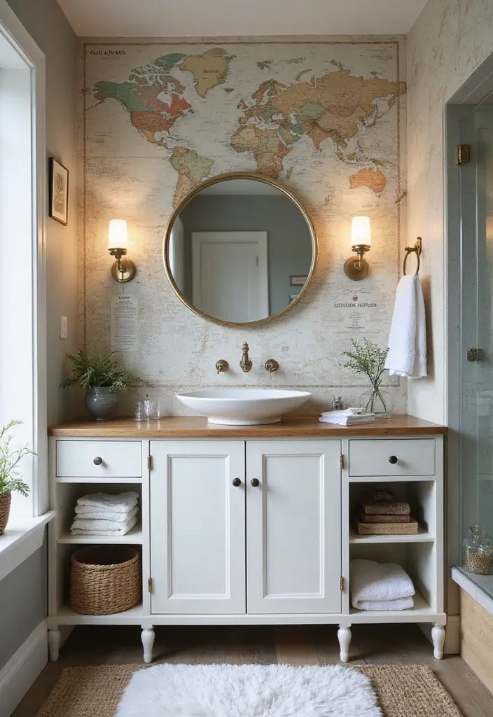 28 Bathroom Cabinet Decor Ideas That Feel Elegant - 26. Travel-Inspired Decor