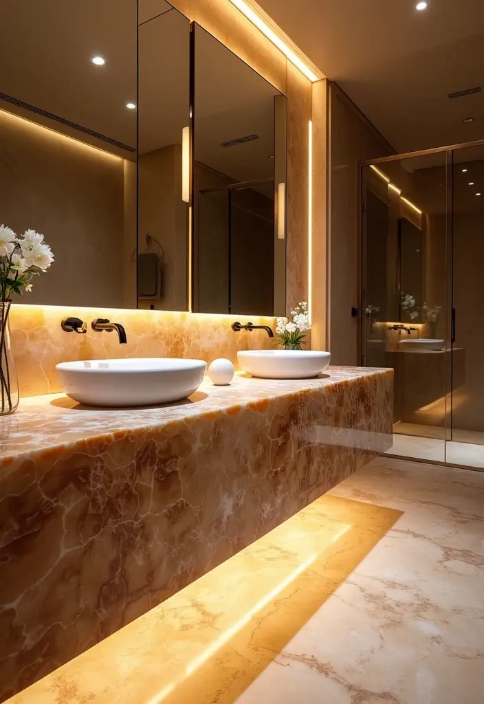 28 Bathroom Countertop Ideas That Add Character - 19. Luxurious Onyx Touch