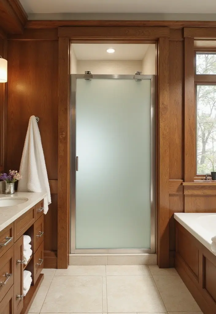 28 Bathroom Door Ideas That Fit Every Style - 11. Frosted Glass with Wood Frame