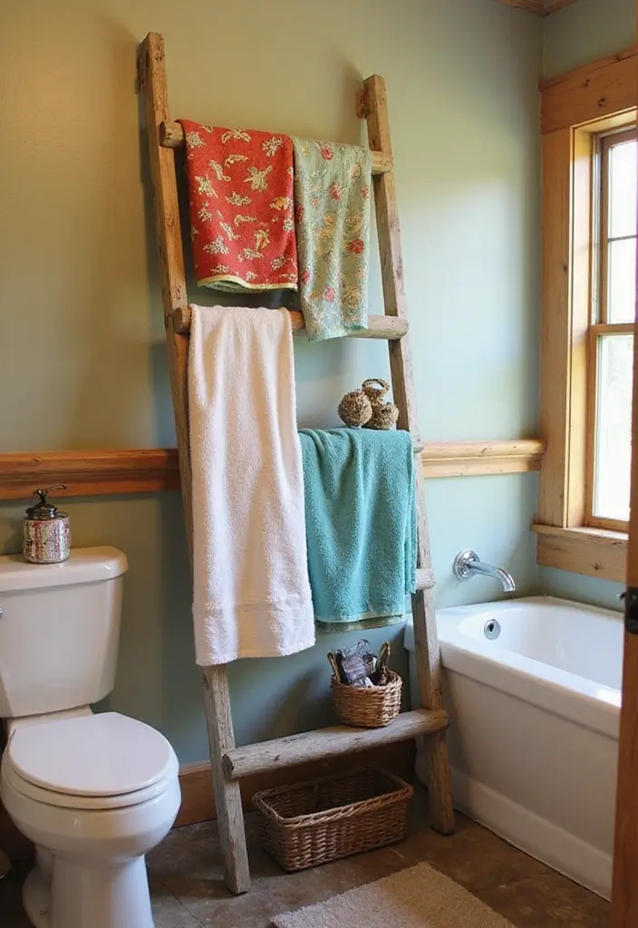 28 Bathroom Hooks Ideas That Keep Things Organized - 13. Upcycled Ladder Hooks