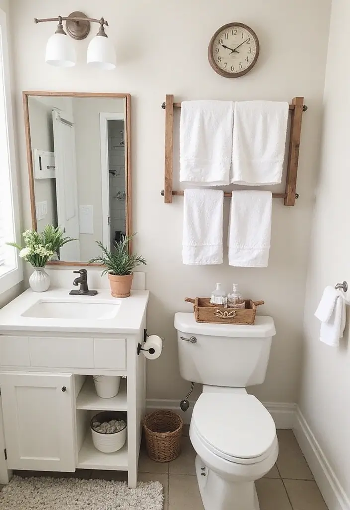 28 Bathroom Hooks Ideas That Keep Things Organized - 21. Hooked Towel Ladder