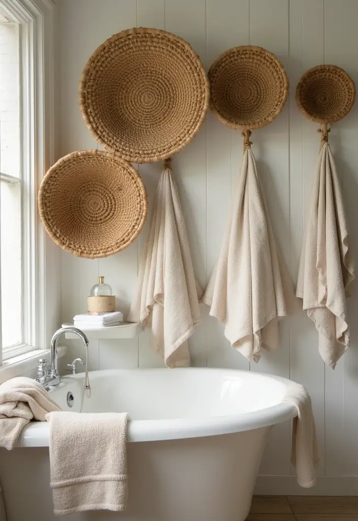 28 Bathroom Hooks Ideas That Keep Things Organized - 26. Woven Hook Baskets