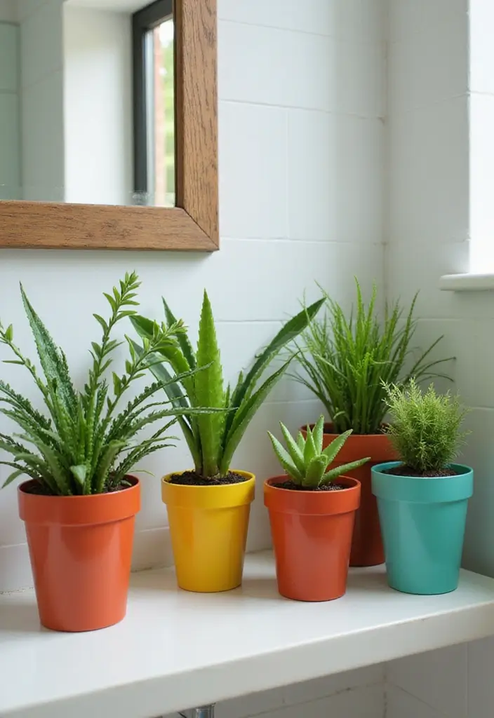 28 Bathroom Ideas With Plants That Purify and Decorate - 16. Colorful Plant Pots