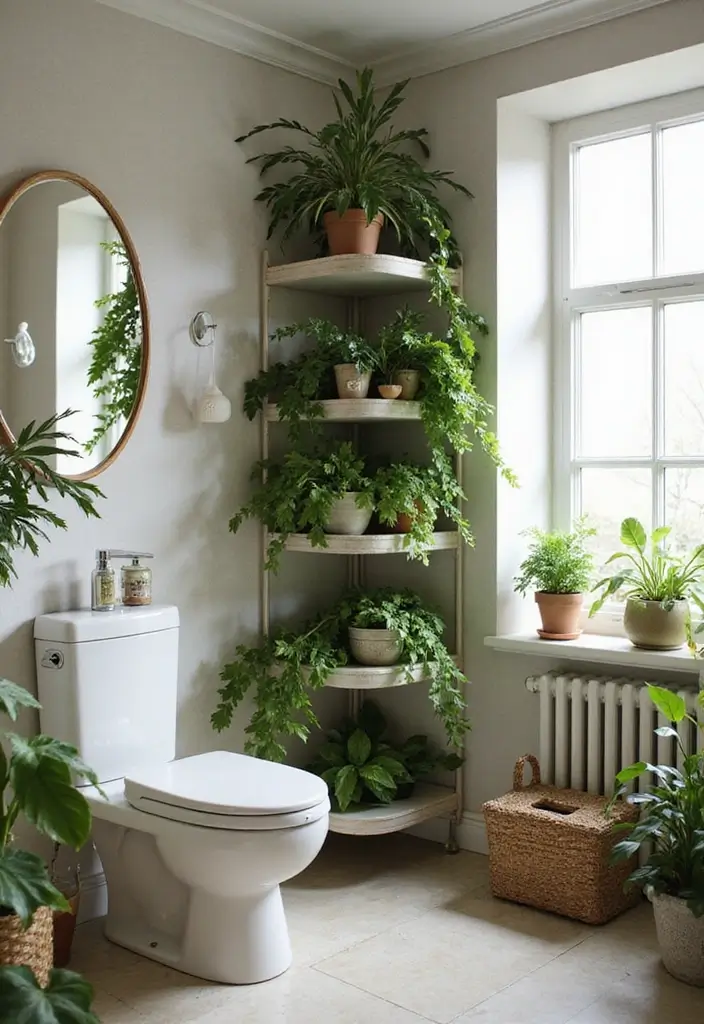 28 Bathroom Ideas With Plants That Purify and Decorate - 22. Corner Shelves Full of Life