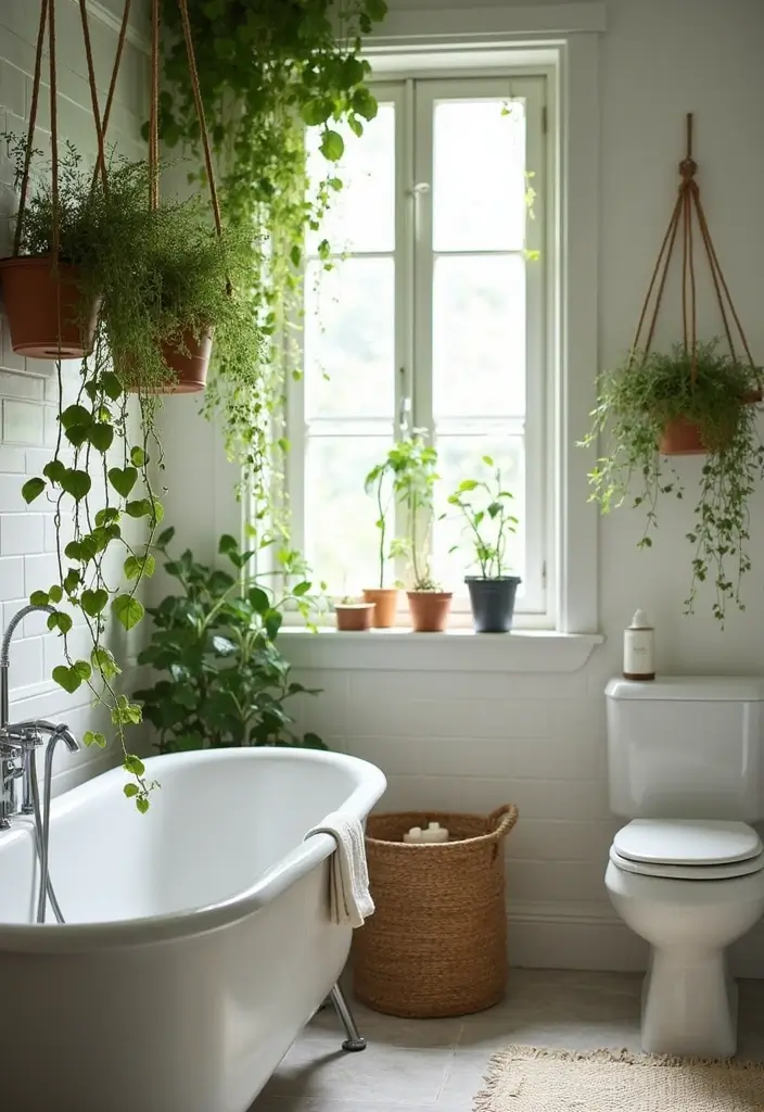 28 Bathroom Ideas With Plants That Purify and Decorate - 9. Hanging Planters for Drama