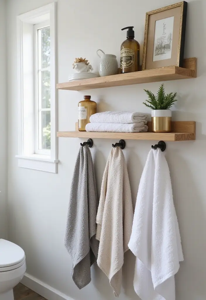 28 Bathroom Towel Rack Ideas That Combine Form and Function - 11. Towel Shelf with Pegs