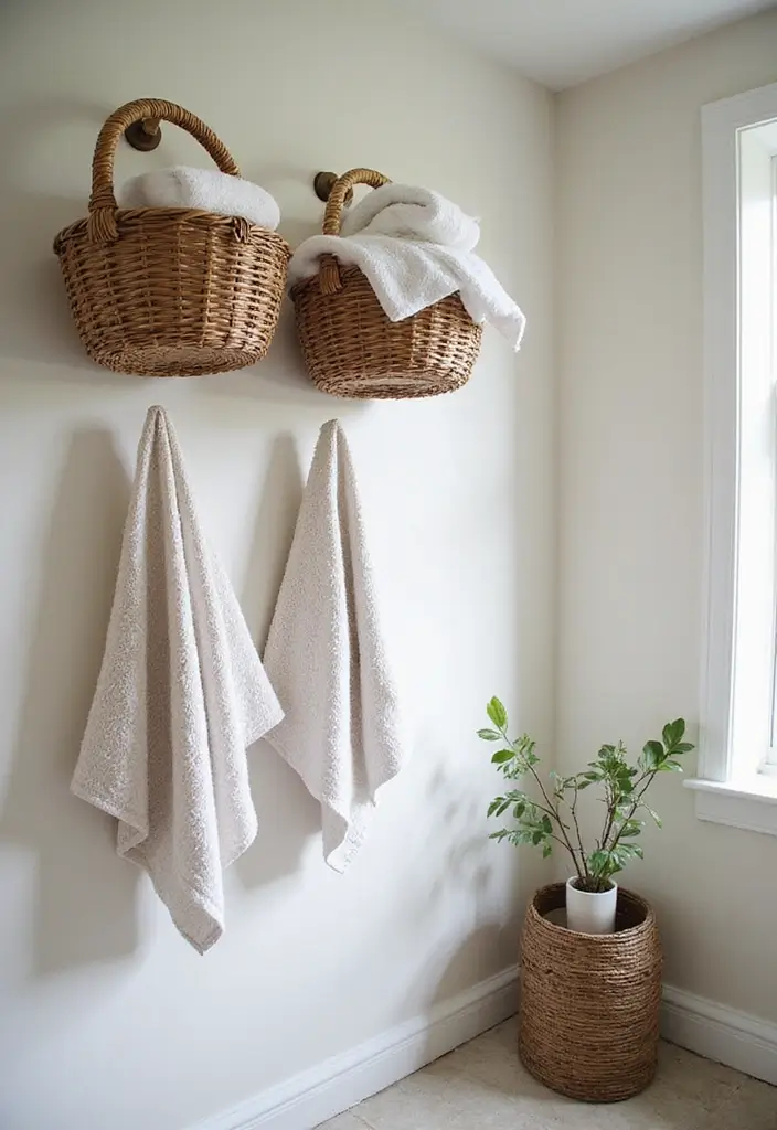 28 Bathroom Towel Rack Ideas That Combine Form and Function - 12. Hanging Towel Baskets