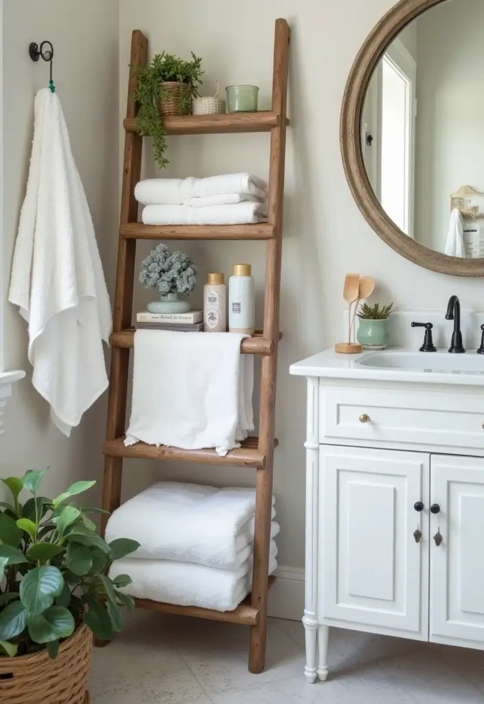28 Bathroom Towel Rack Ideas That Combine Form and Function - 19. Ladder Shelf Towel Holder