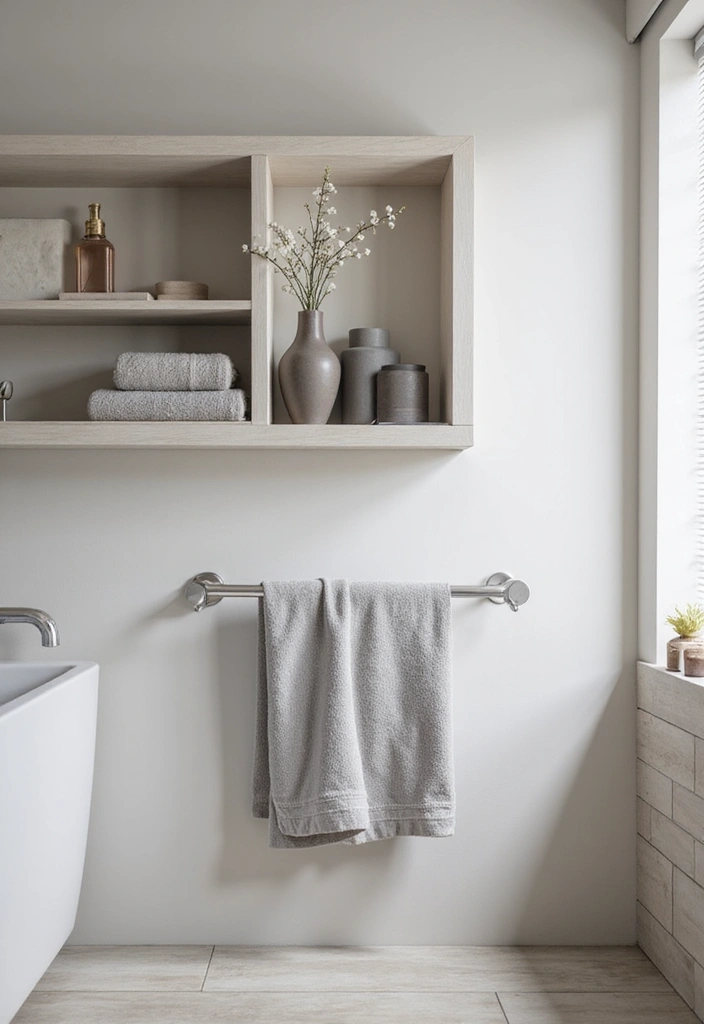 28 Bathroom Towel Rack Ideas That Combine Form and Function - 27. Minimalist Open Shelf with Towel Rack