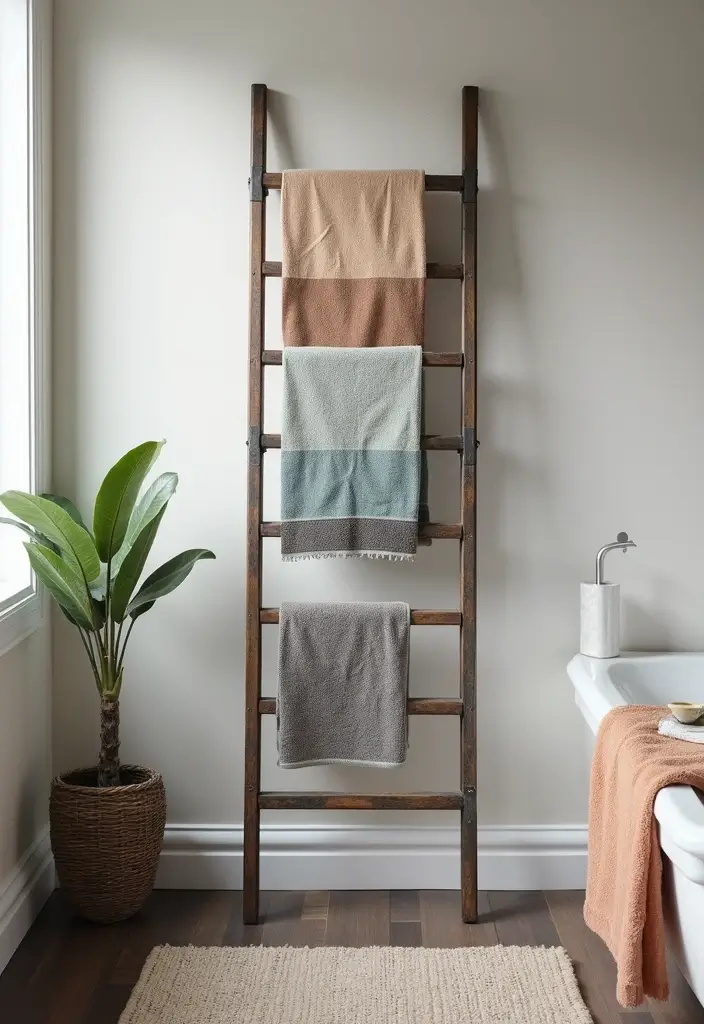 28 Bathroom Towel Rack Ideas That Combine Form and Function - 28. Industrial Wall-Mounted Ladder