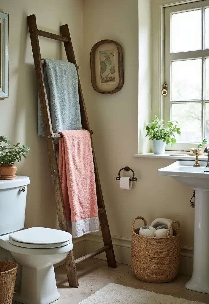 28 Bathroom Towel Rack Ideas That Combine Form and Function - 4. Vintage Ladder Rack