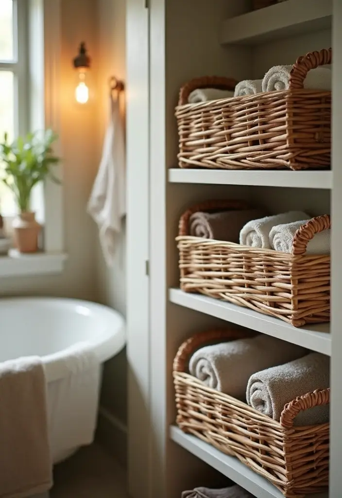 28 Bathroom Towel Rack Ideas That Combine Form and Function - 8. Rustic Basket Storage