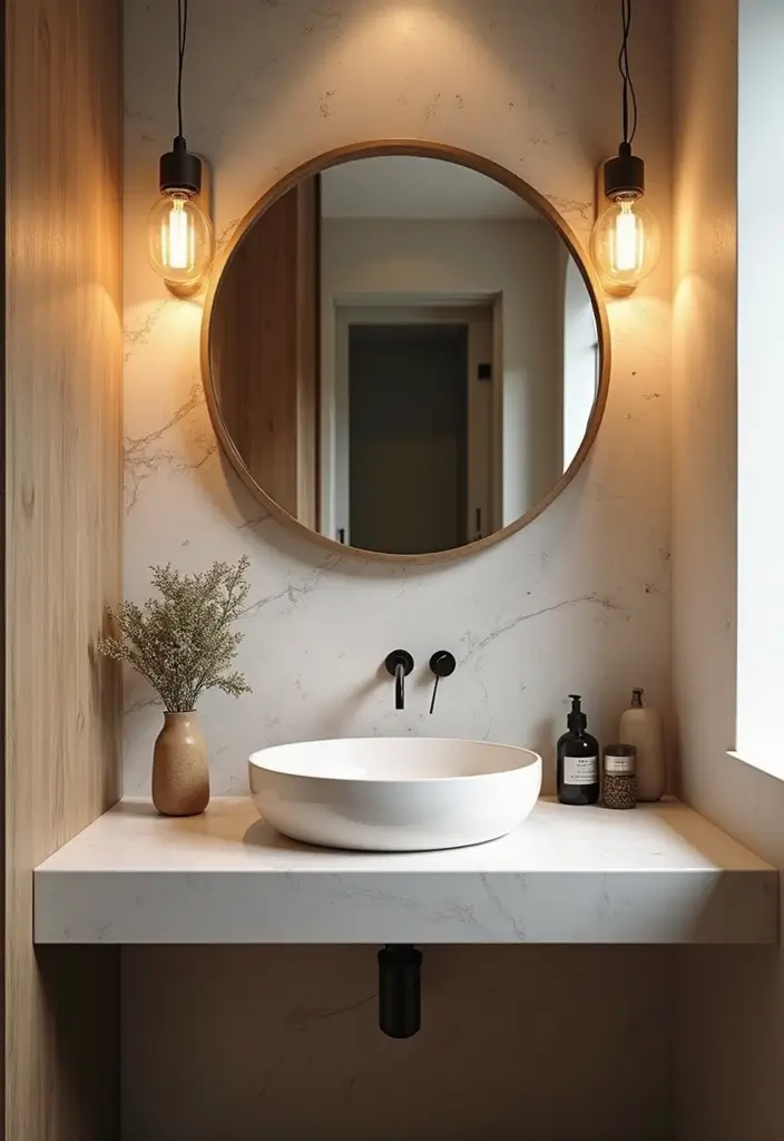 28 Cool Sinks Bathroom Designs That Stand Out - 19. Retro-Modern Fusion
