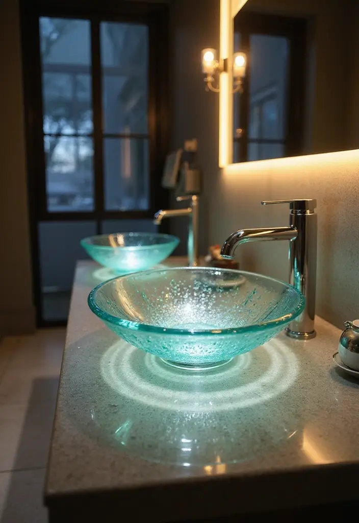 28 Cool Sinks Bathroom Designs That Stand Out - 9. Glass Vessel Sinks
