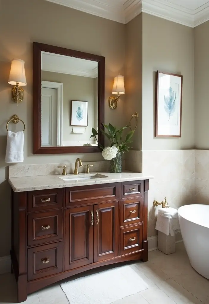 28 Modern Bathroom Cabinet Ideas That Elevate Storage - 19. Dark Wood Finishes