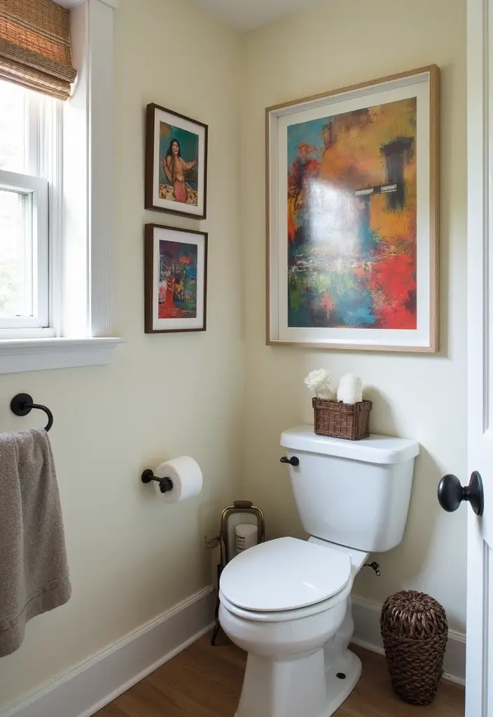 28 Small Powder Bathroom Ideas That Feel Expensive - 15. Statement Artwork