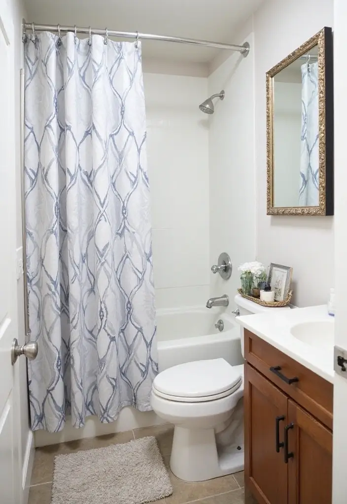 28 Small Powder Bathroom Ideas That Feel Expensive - 23. Statement Shower Curtains