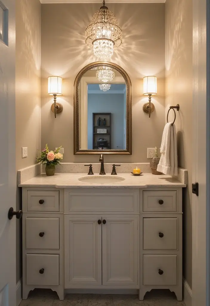 28 Small Powder Bathroom Ideas That Feel Expensive - 4. Luxurious Lighting Fixtures