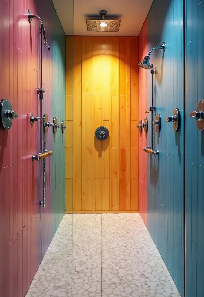 28 Steam Bathroom Ideas That Feel Spa-Worthy - 19. Colorful Shower Panels
