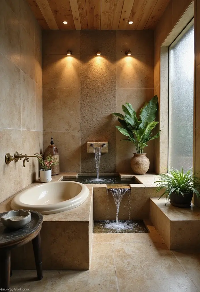 28 Steam Bathroom Ideas That Feel Spa-Worthy - 23. Serene Water Features