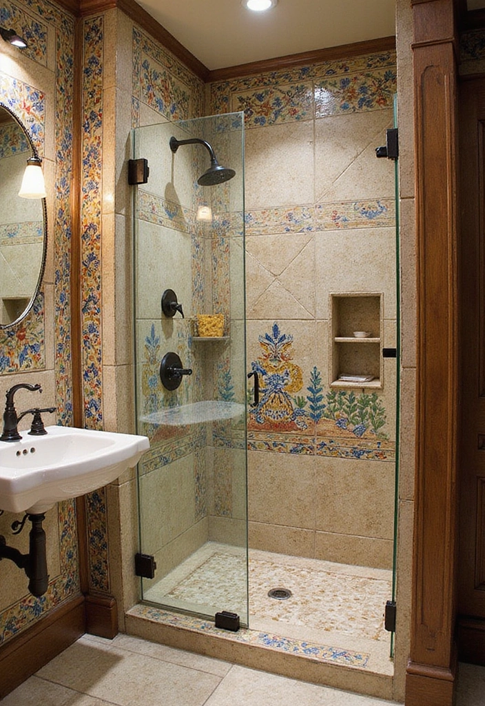 28 Timeless Bathroom Shower Tile Ideas That Age Gracefully - 15. Artistic Hand-Painted Tiles