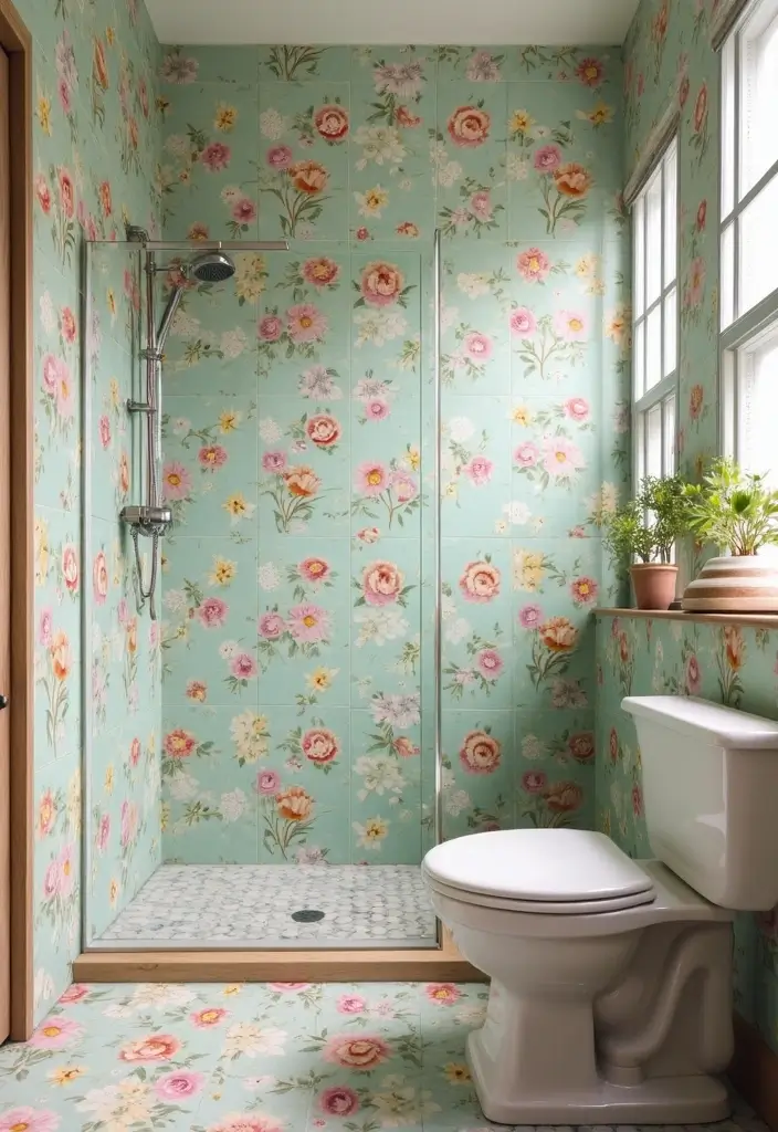 28 Timeless Bathroom Shower Tile Ideas That Age Gracefully - 2. Vintage Floral Patterns