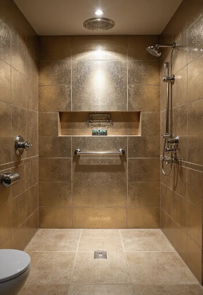 28 Timeless Bathroom Shower Tile Ideas That Age Gracefully - 25. Metallic Tiles