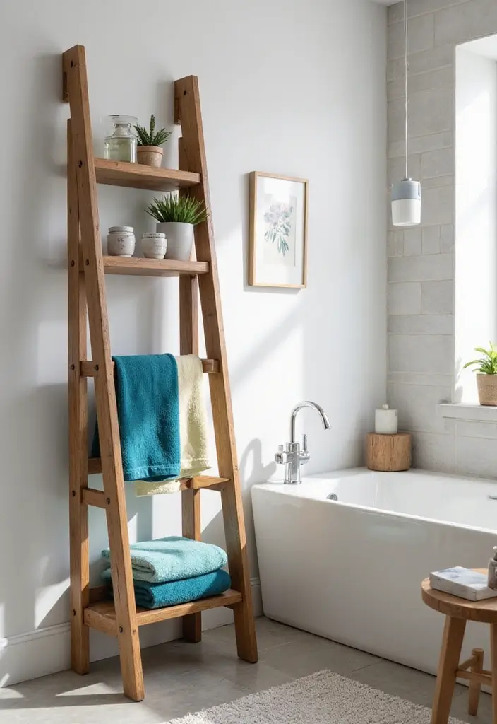 29 Bathroom Cabinet Ideas That Boost Functionality - 15. Ladder Shelving for Trendy Displays