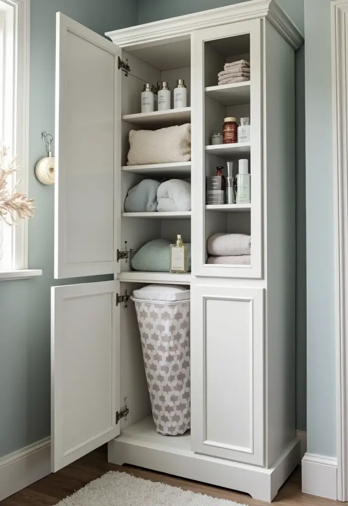 29 Bathroom Cabinet Ideas That Boost Functionality - 16. Bathroom Cabinet with Integrated Laundry Hamper