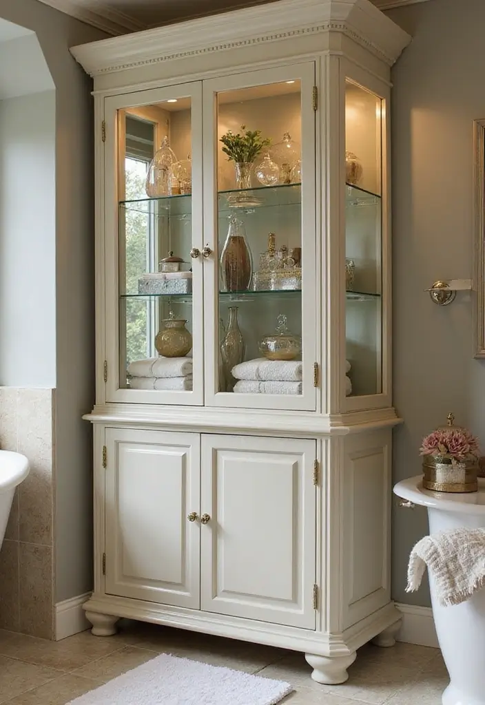 29 Bathroom Cabinet Ideas That Boost Functionality - 21. Glass-Front Cabinets for a Touch of Class