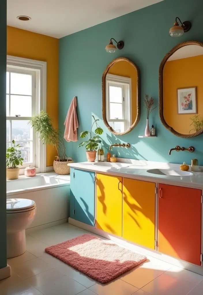 29 Bathroom Cabinet Ideas That Boost Functionality - 25. Colorful Cabinets for a Playful Touch