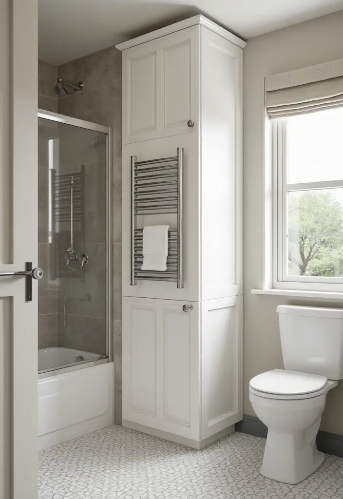 29 Bathroom Cabinet Ideas That Boost Functionality - 27. Stylish Towel Racks Alongside Cabinets