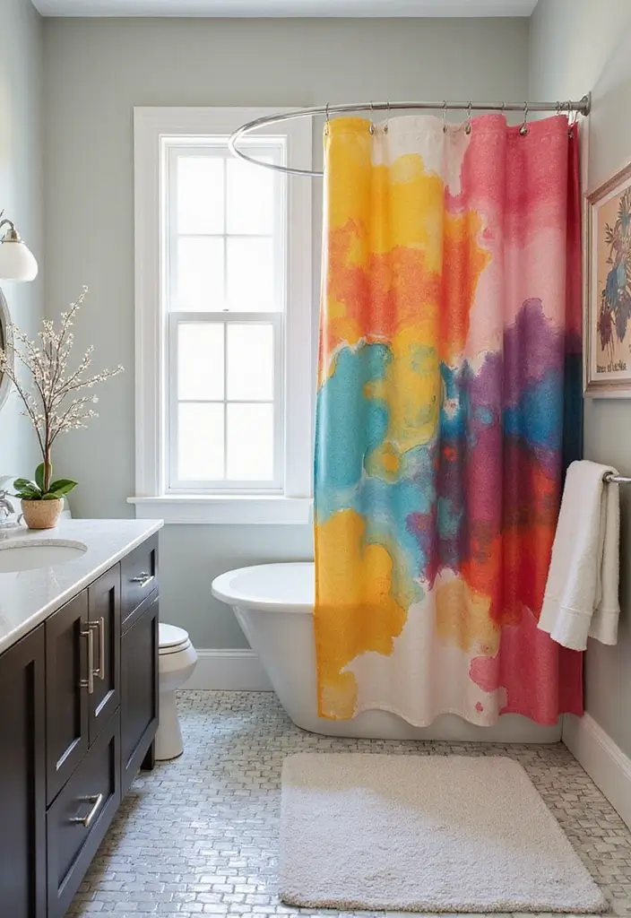 29 Bathroom Curtain Ideas That Add Privacy and Style - 10. Abstract Art Curtains