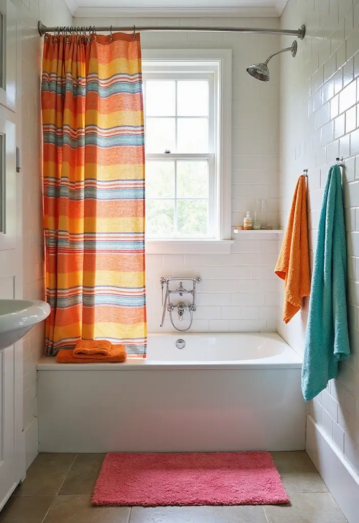 29 Bathroom Curtain Ideas That Add Privacy and Style - 12. Colorful Striped Curtains