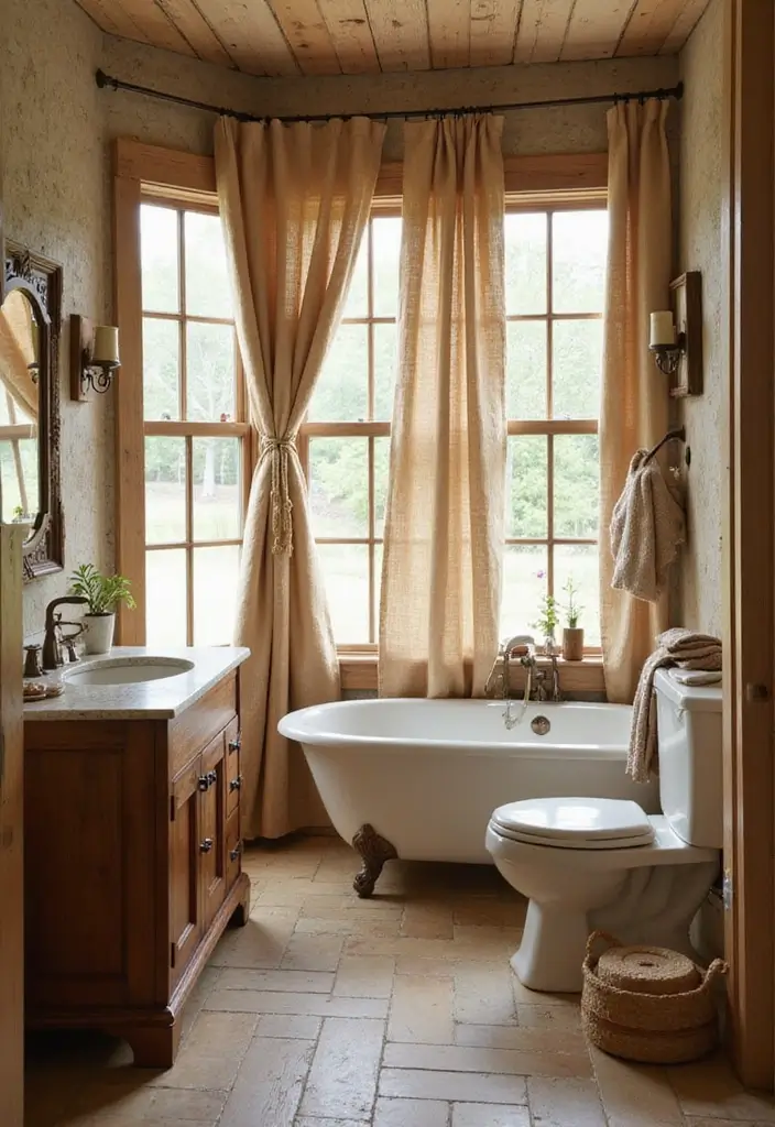 29 Bathroom Curtain Ideas That Add Privacy and Style - 15. Rustic Burlap Curtains