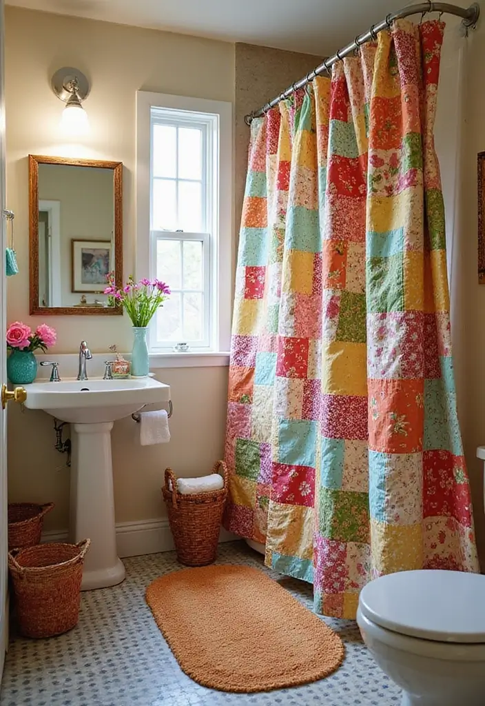 29 Bathroom Curtain Ideas That Add Privacy and Style - 16. Colorful Patchwork Curtains