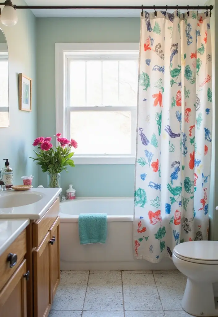29 Bathroom Curtain Ideas That Add Privacy and Style - 19. Fabric Paint DIY Curtains