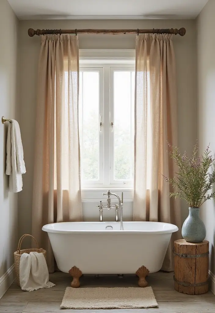 29 Bathroom Curtain Ideas That Add Privacy and Style - 20. Reclaimed Wood Curtain Rods