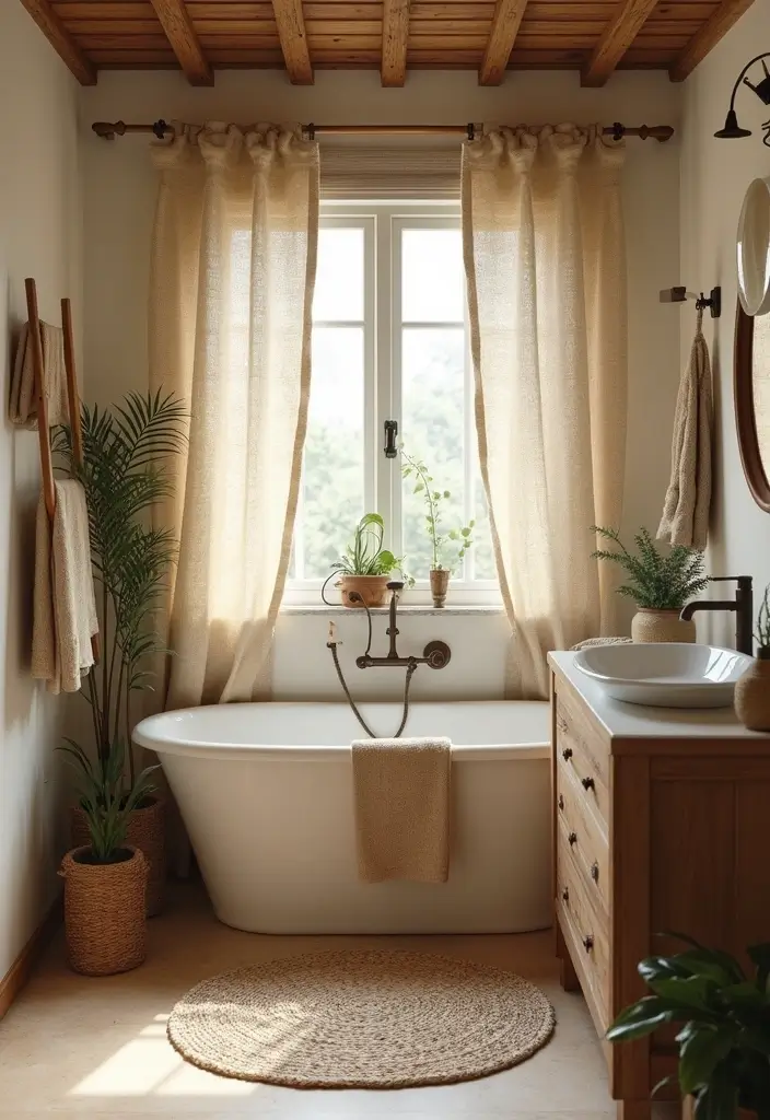 29 Bathroom Curtain Ideas That Add Privacy and Style - 4. Hemp Fabric Curtains