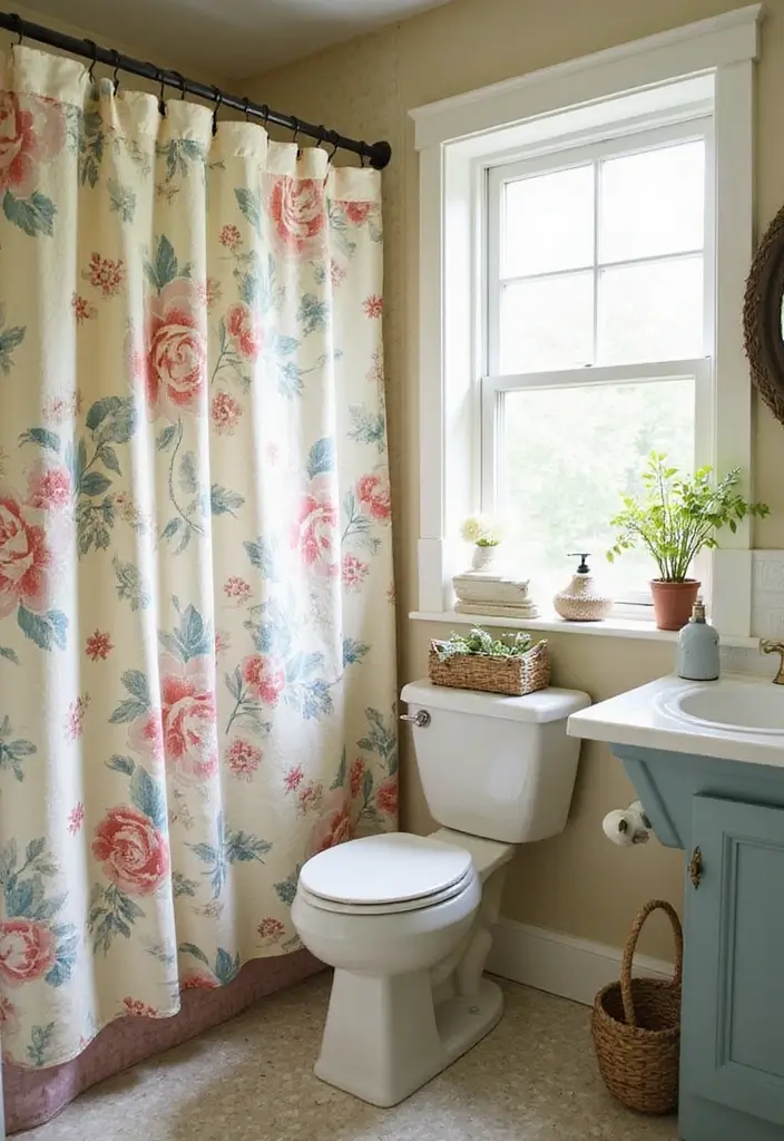 29 Bathroom Curtain Ideas That Add Privacy and Style - 7. Vintage Floral Patterns