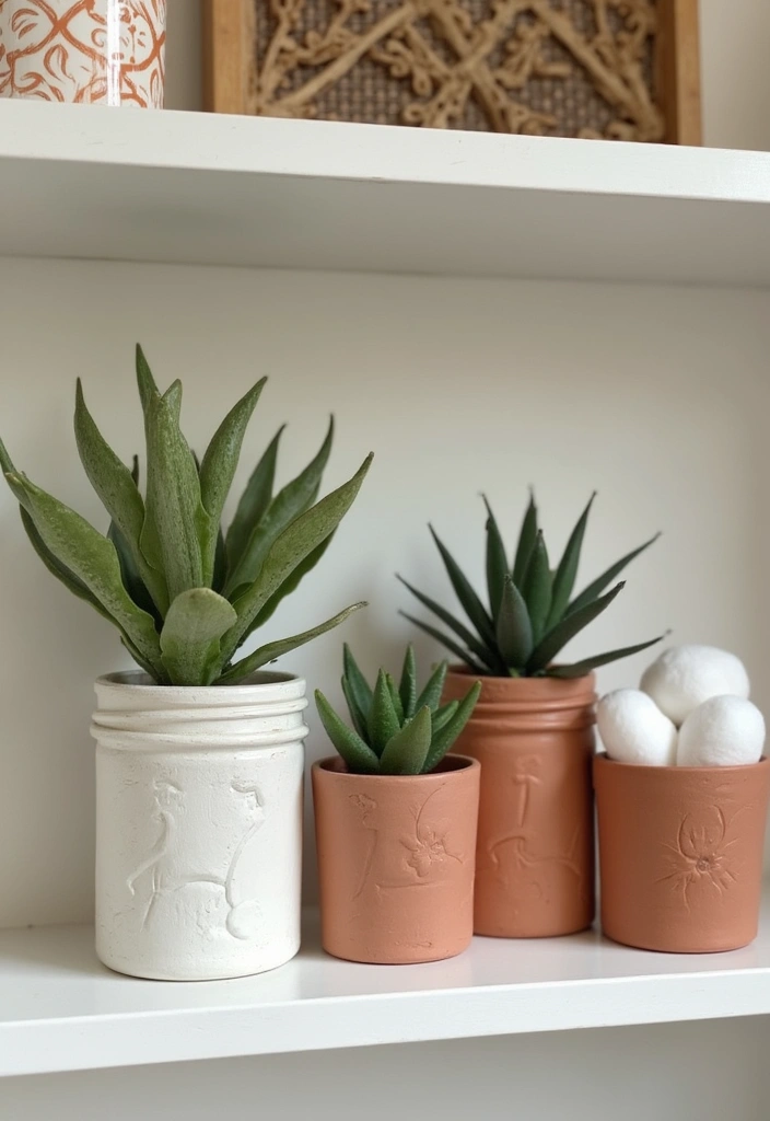 29 Bathroom Jars Ideas for Stylish Storage - 21. Painted Terra Cotta Jars