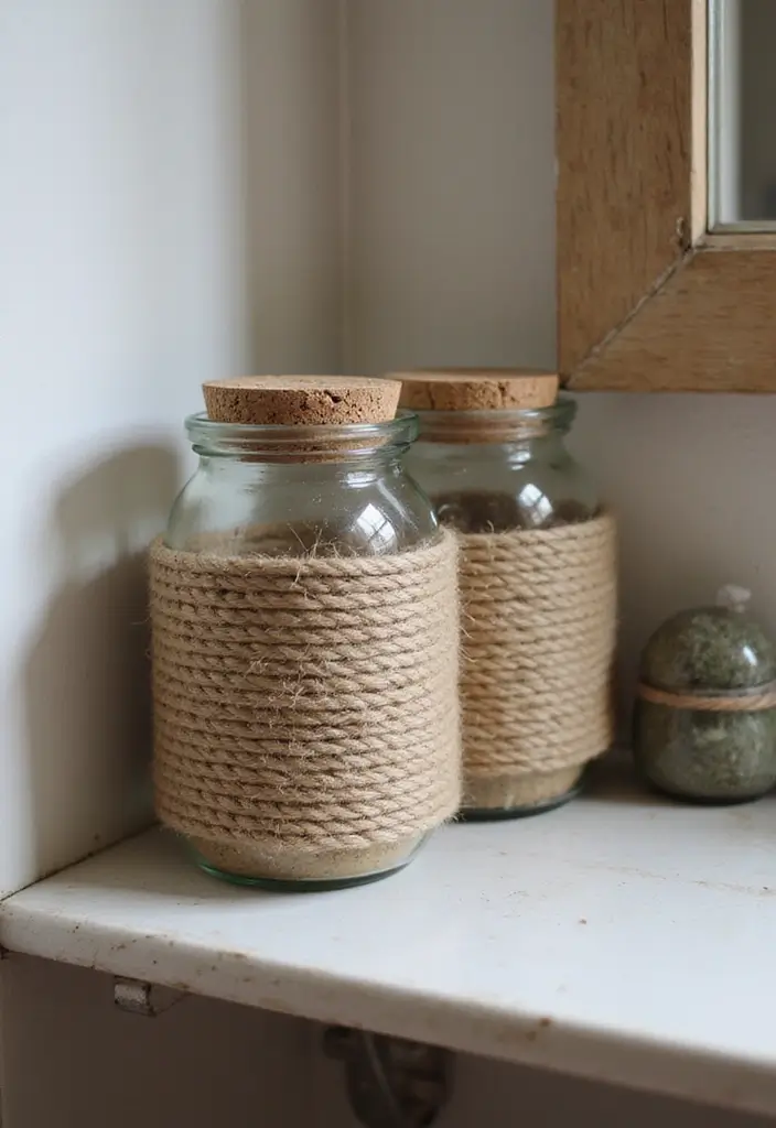 29 Bathroom Jars Ideas for Stylish Storage - 28. Jars with Ropes