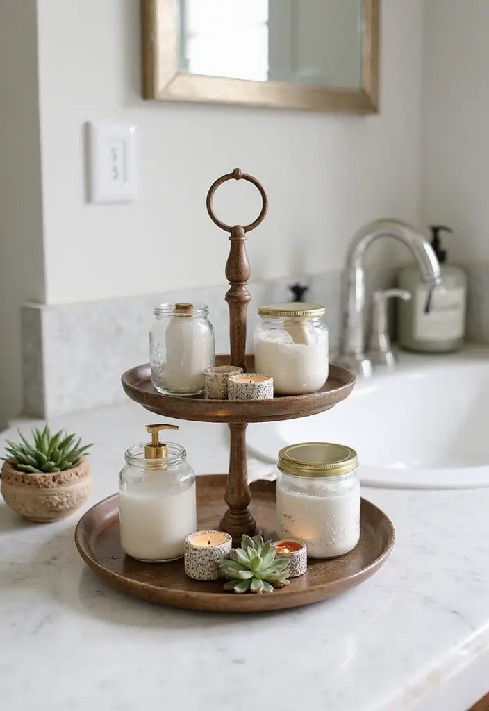 29 Bathroom Jars Ideas for Stylish Storage - 5. Tiered Tray with Jars