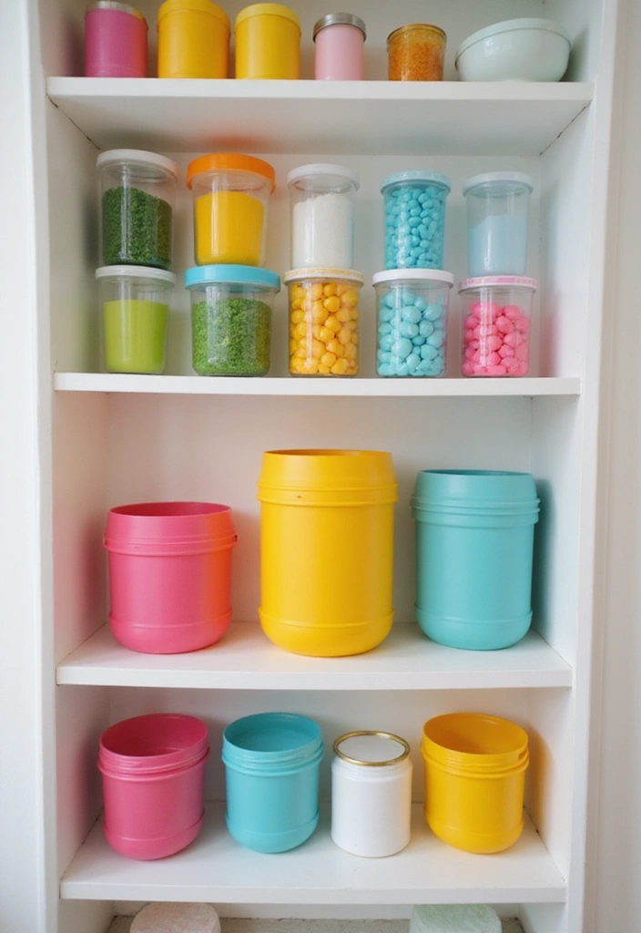 29 Bathroom Jars Ideas for Stylish Storage - 9. Brightly Colored Plastic Jars