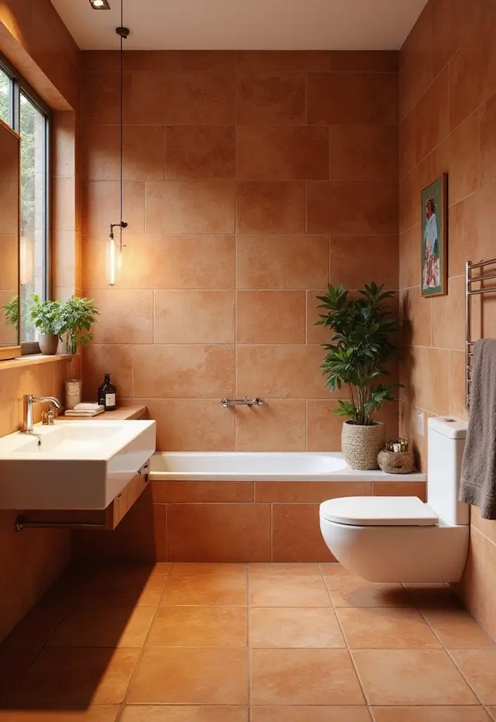 29 Bathroom Tiles Design Ideas for Small Spaces That Impress - 18. Terracotta Look-alike Tiles