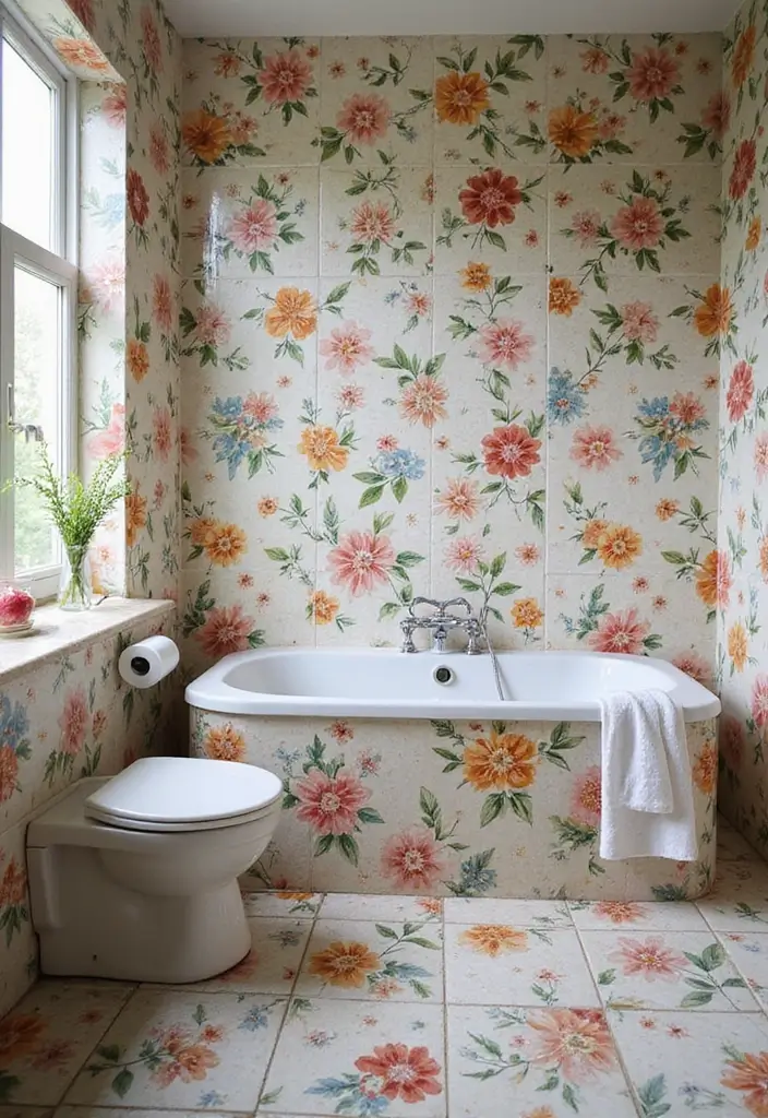 29 Bathroom Tiles Design Ideas for Small Spaces That Impress - 28. Lively Floral Tiles