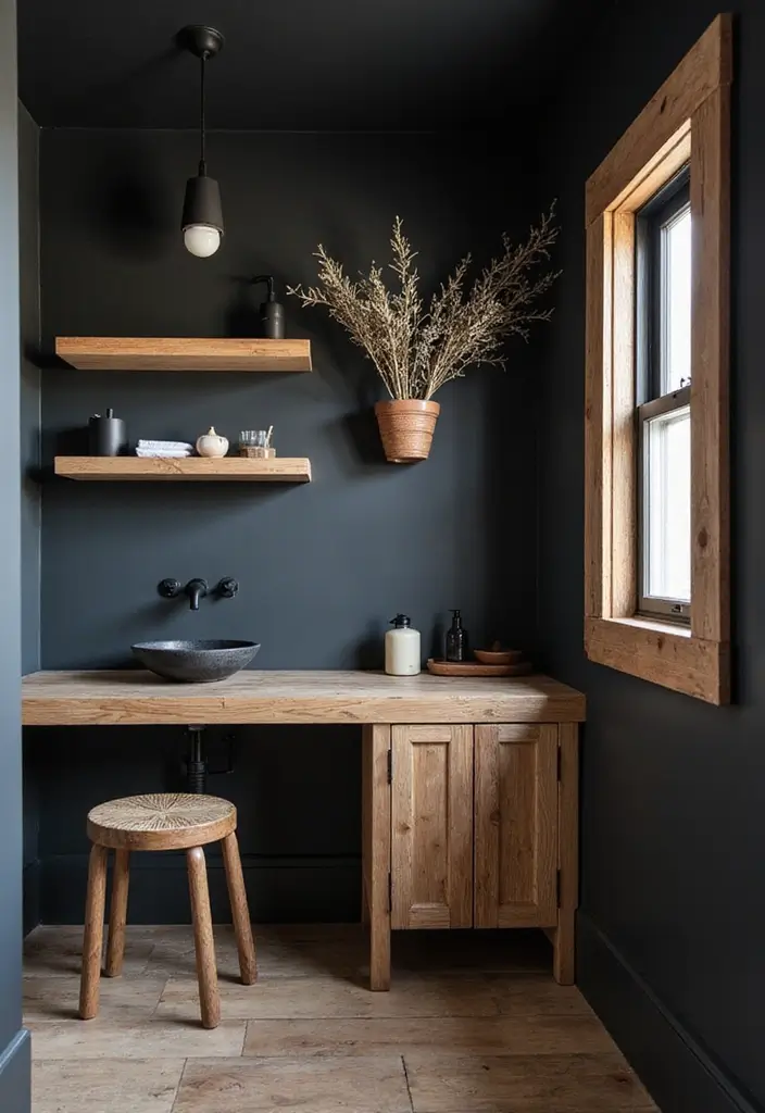 29 Black Farmhouse Bathroom Ideas That Blend Rustic and Modern - 10. Rustic Wood Accents