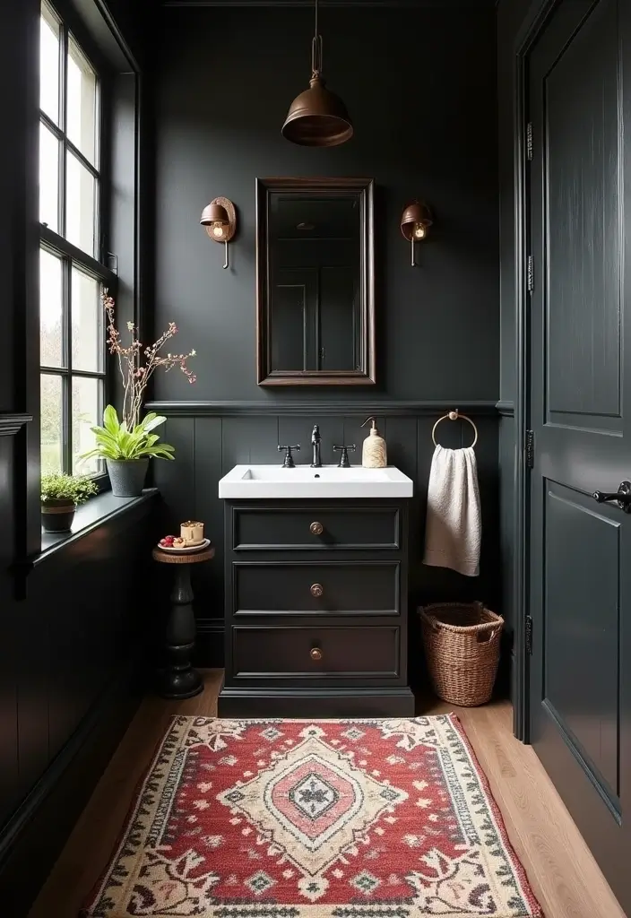 29 Black Farmhouse Bathroom Ideas That Blend Rustic and Modern - 12. Decorative Rugs