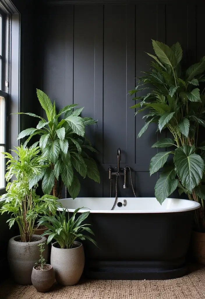 29 Black Farmhouse Bathroom Ideas That Blend Rustic and Modern - 14. Plants for Freshness